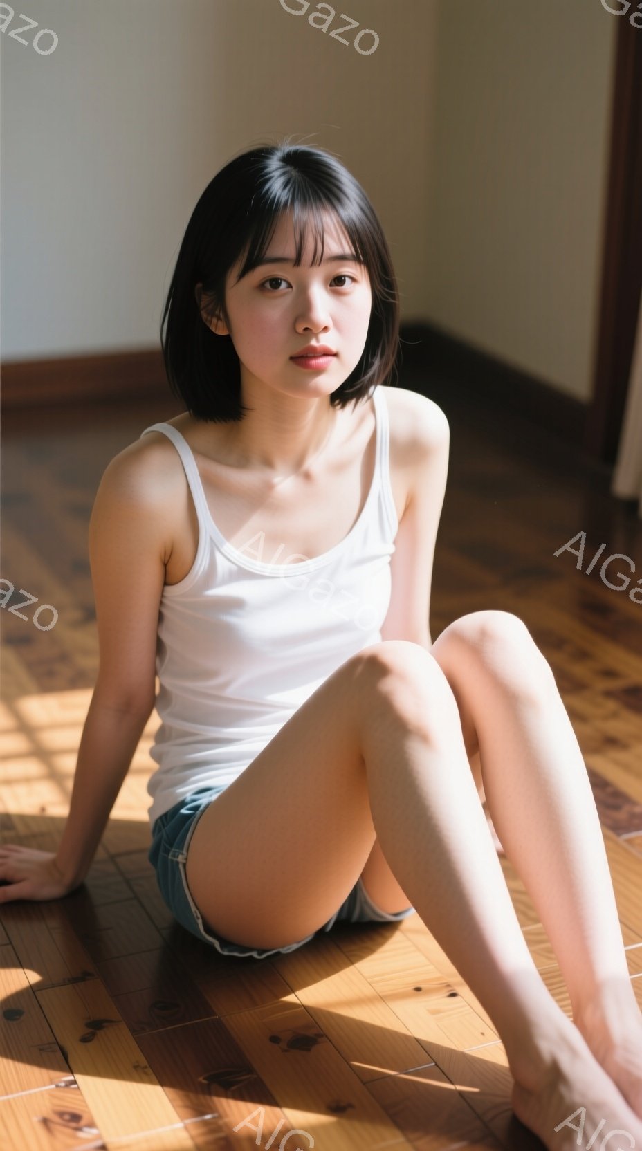 短い黒髪の女性が、フローリングの床に座っている。白いタンクトップとデニムのショートパンツを着用し、リラックスした表情で正面を見ている。床には強い光が差し込み、暖かい雰囲気を醸し出している。