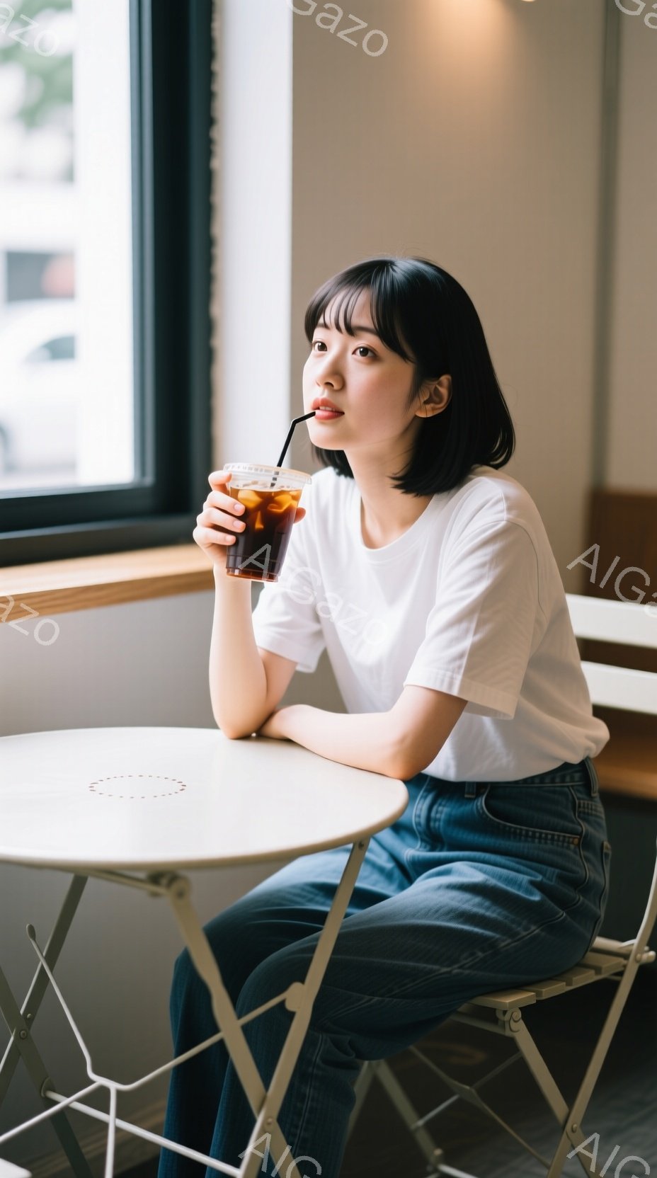ショートカットの女性がカフェでアイスコーヒーを飲んでいます。白いTシャツとデニムパンツを着て、少し物憂げな表情で遠くを見つめています。背景には建物が見え、窓から差し込む光が穏やかな雰囲気を醸し出しています。