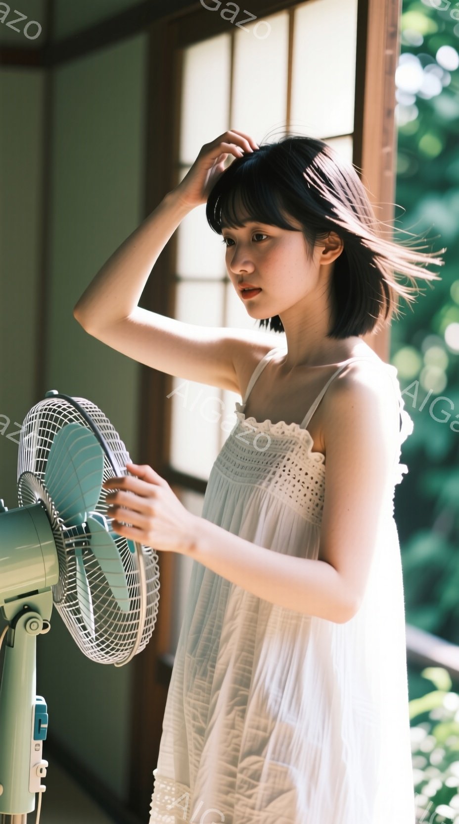 白いキャミソールワンピースを着た若い女性が、レトロな扇風機の前に立っている。彼女は肩までの黒髪で、少し微笑んだ表情を浮かべ、片手で髪を撫でている。背景には木製の窓枠と緑豊かな自然が見え、全体的に穏やかでノスタルジックな雰囲気を醸し出している。