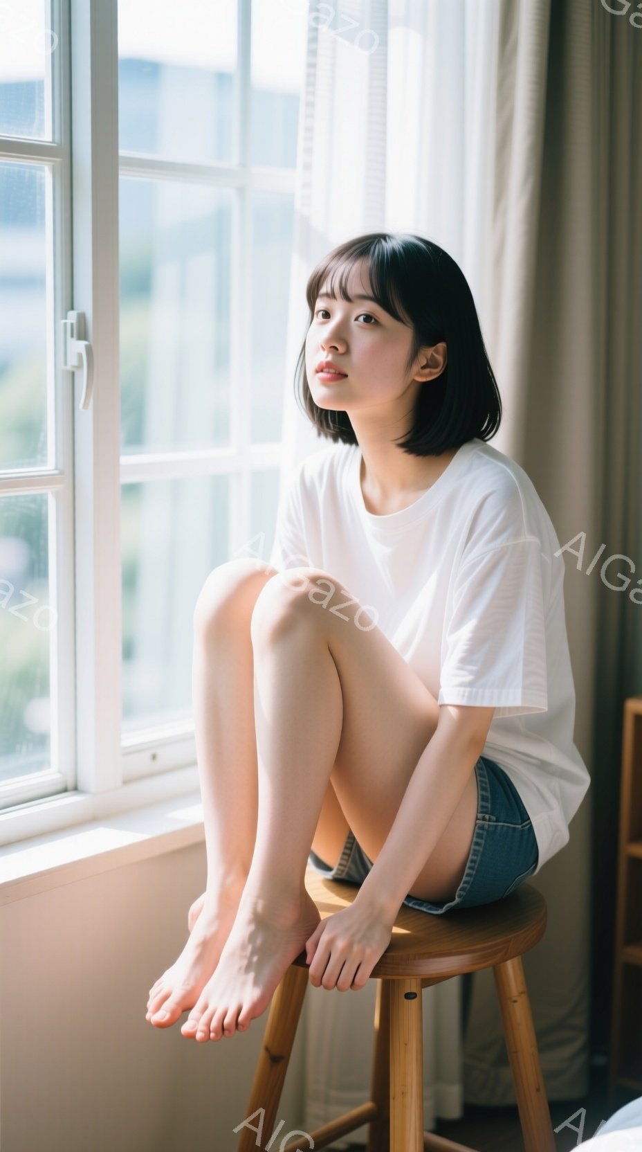 短い黒髪の女性が、窓辺の木製のスツールに座って足を組んでいます。白いTシャツとデニムのショートパンツというカジュアルな服装で、リラックスした表情をしています。背景は明るく、ぼやけた窓の外には緑が見え、穏やかで自然な雰囲気が漂っています。