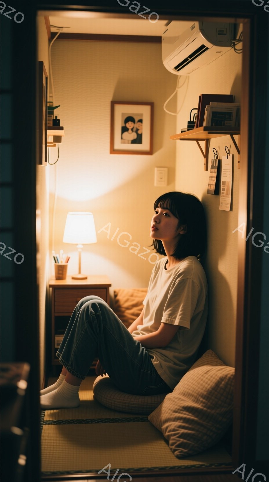 画像は、畳の部屋で座っている若い女性を描写しています。彼女は白いTシャツとジーンズを着ており、髪は肩の長さで、少し内側にカールしています。彼女は少し考え込んでいるような表情で、壁に掛けられた写真や、床に置かれたクッションなど、シンプルな内装の部屋でリラックスした雰囲気を醸し出しています。