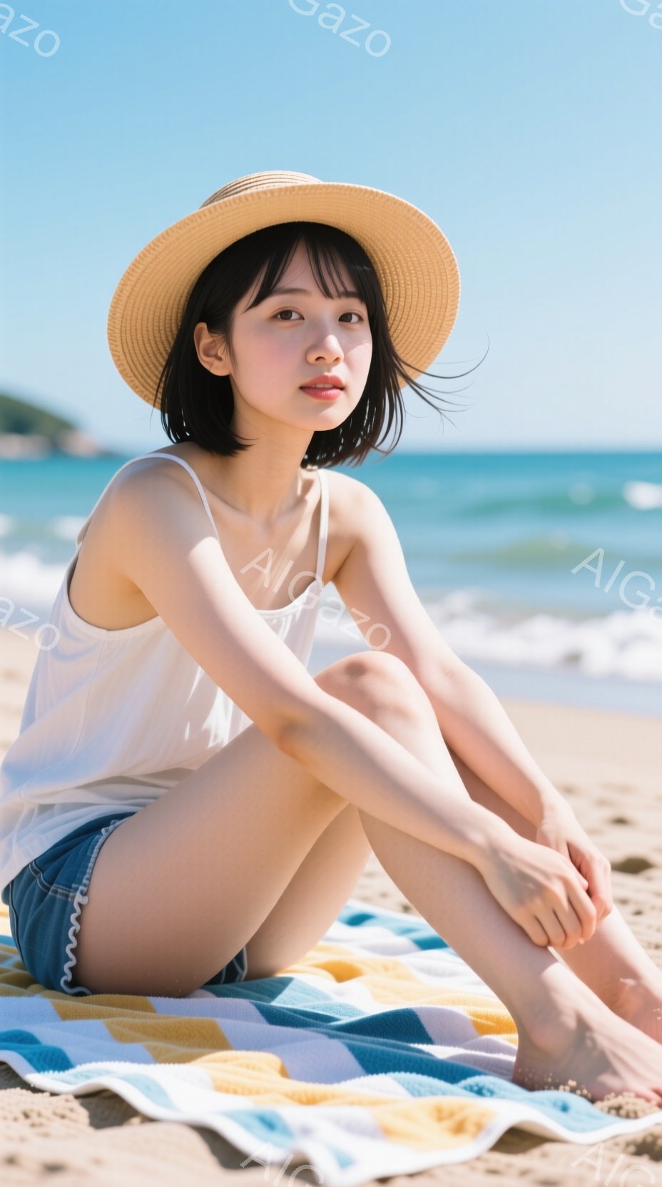 砂浜に座る女性は、白いタンクトップとデニムのショートパンツを着用し、麦わら帽子を被っています。彼女は足を組んで座り、穏やかな表情でこちらを見ています。背景には青い海と白い砂浜が広がり、晴天の下、リラックスした夏の雰囲気が漂っています。