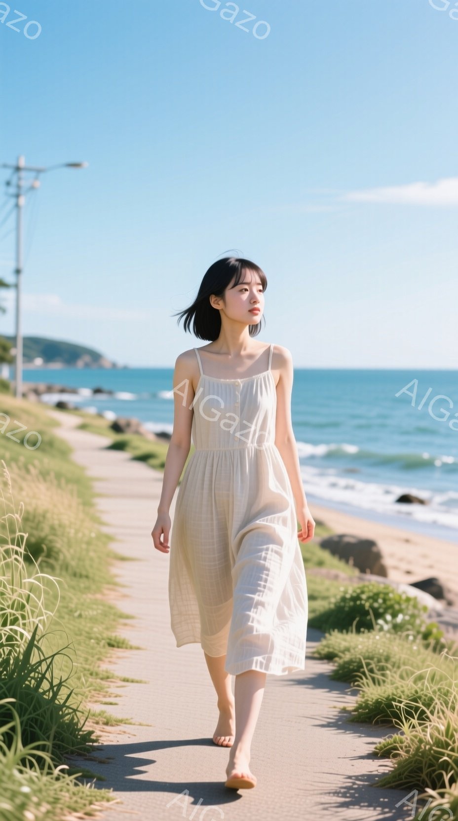 長いベージュ色のワンピースを着た女性が、海岸沿いの道を歩いている。彼女は短い黒髪で、穏やかな表情をしており、素足で歩いている。背景には青い海と緑の草が生い茂る道、遠くには山々が見え、晴れた日の穏やかな雰囲気が漂っている。