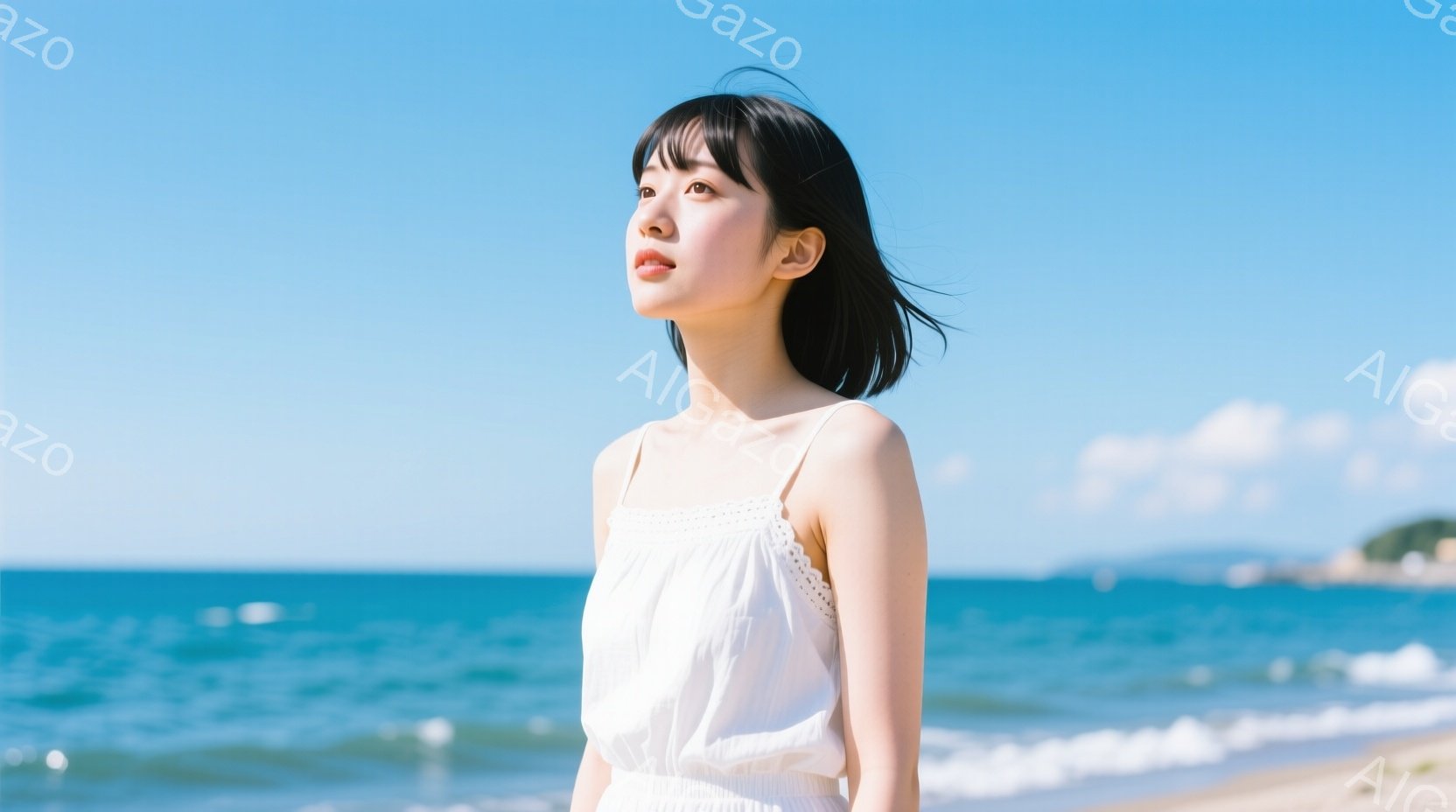 海岸を背景に、白いレースのトップスを着た若い女性が写っている。彼女は黒いショートボブヘアで、少し上を見つめ、穏やかな表情を浮かべている。背景には青い海と空、そして遠くの山々が見え、晴れた日の穏やかな雰囲気を醸し出している。