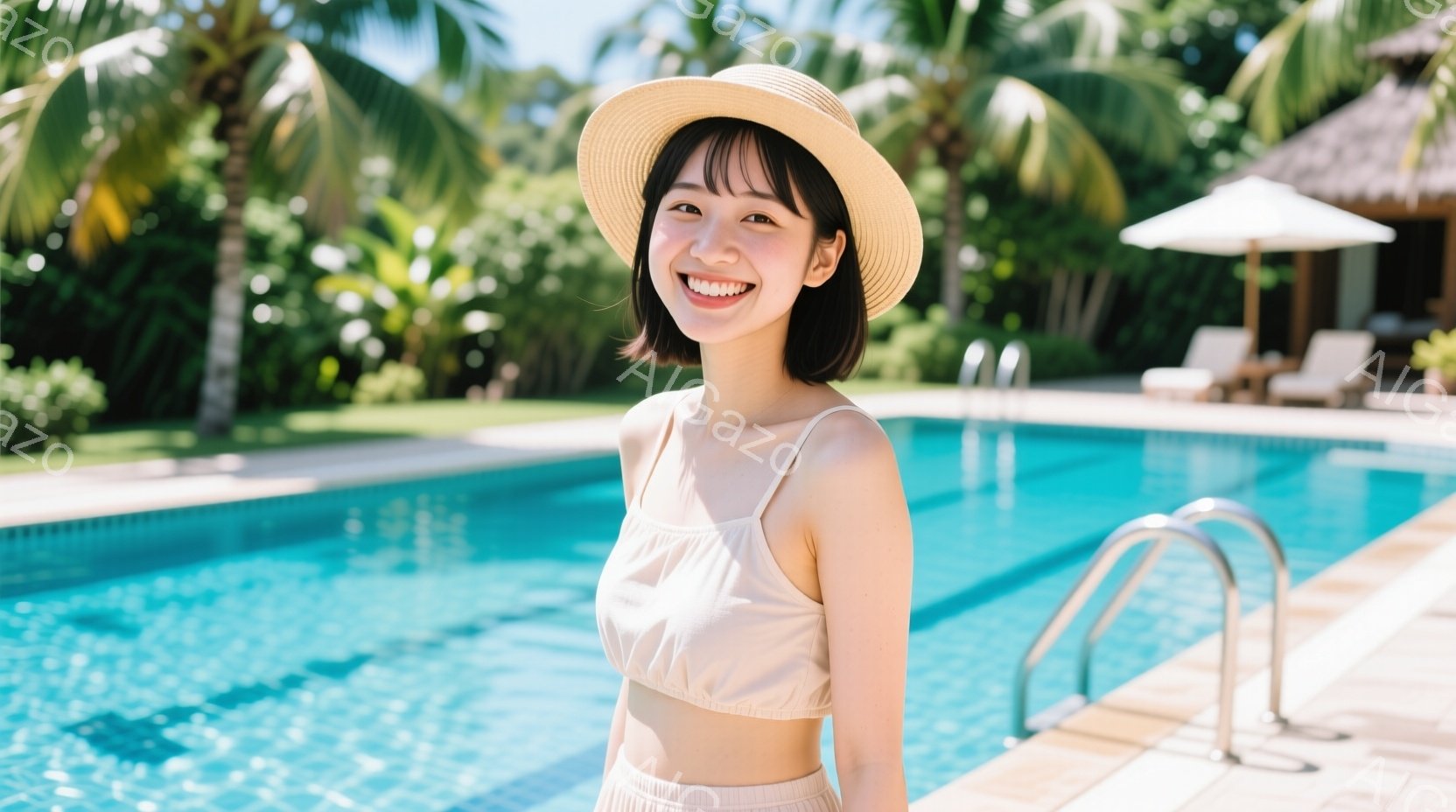 明るい笑顔を見せる若い女性が、プールサイドに立っています。ベージュ色のクロップド丈トップスとスカートを身に着け、麦わら帽子をかぶっています。背景には青く輝くプール、緑豊かな木々、そして白くモダンな建物があり、晴れた日のリゾート地の穏やかで華やかな雰囲気が漂っています。