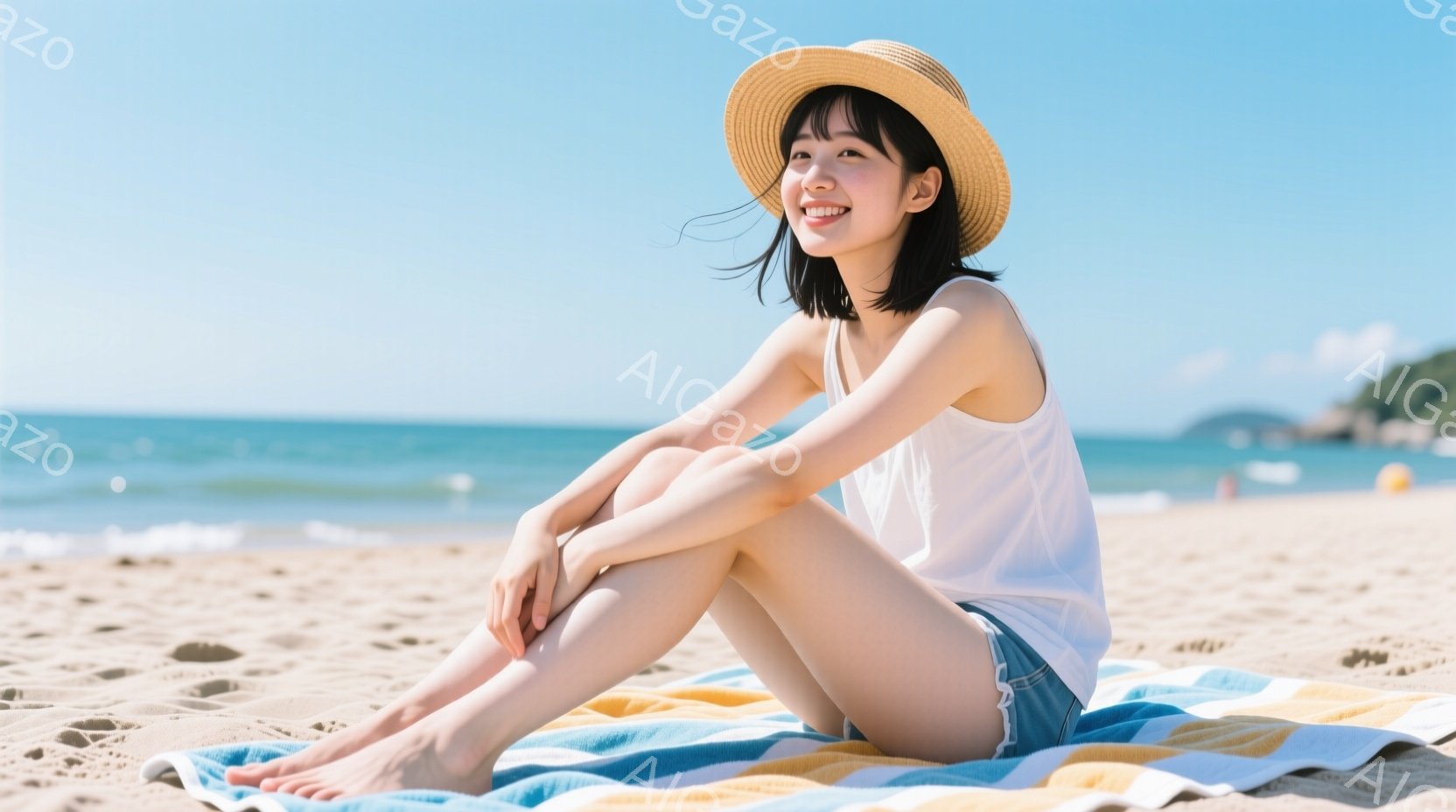 砂浜に座っている若い女性が写っています。白いタンクトップとデニムの短パンを着て、麦わら帽子をかぶり、穏やかな笑顔を浮かべています。背景には青い海と空、遠くに見える緑の丘が見え、晴れた日の穏やかなビーチの雰囲気が漂っています。