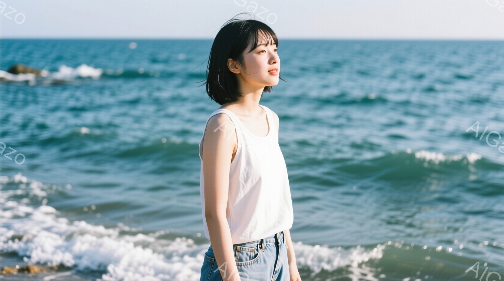ショートヘアの女性が、白いタンクトップとデニムのショートパンツを着て、海岸で横を向いて立っています。彼女は穏やかな表情で遠くを見つめており、リラックスした雰囲気を醸し出しています。背景には青い海と白い波が広がり、晴れた日の穏やかな海岸の風景が広がっています。