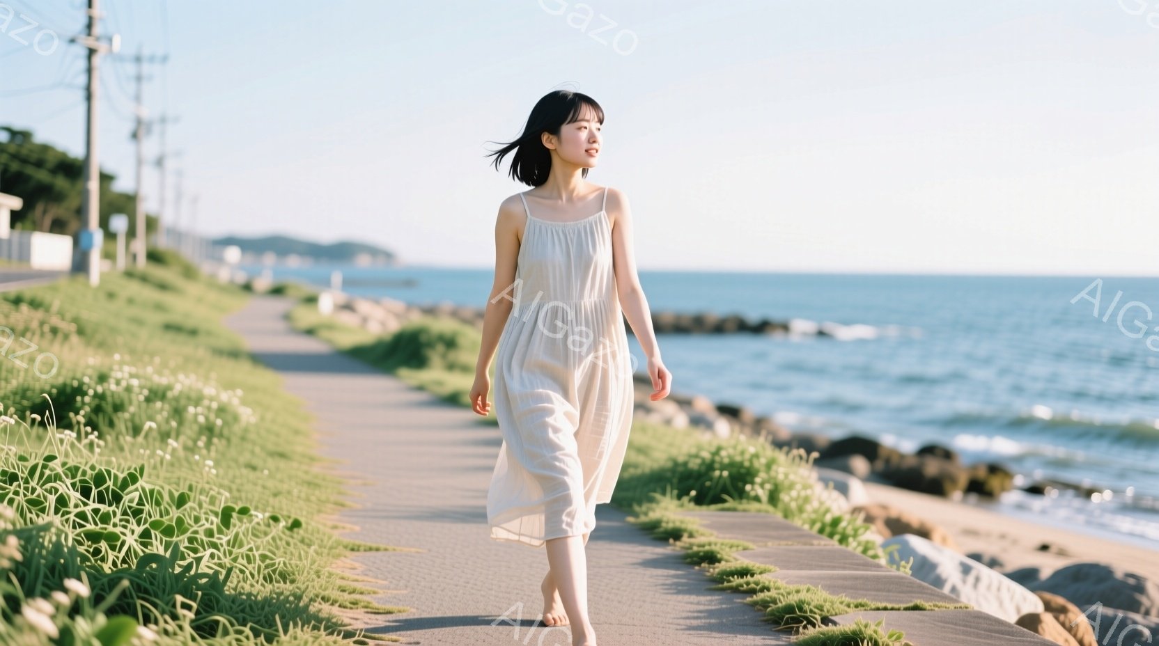 長い髪を後ろで一つに結んだ女性が、海沿いの道を裸足で歩いている。オフホワイトのキャミソールワンピースを身に着け、穏やかな表情で前を見つめている。背景には、緑の草むら、打ち寄せる波、遠くに見える建物があり、晴れた日の穏やかな雰囲気が漂っている。