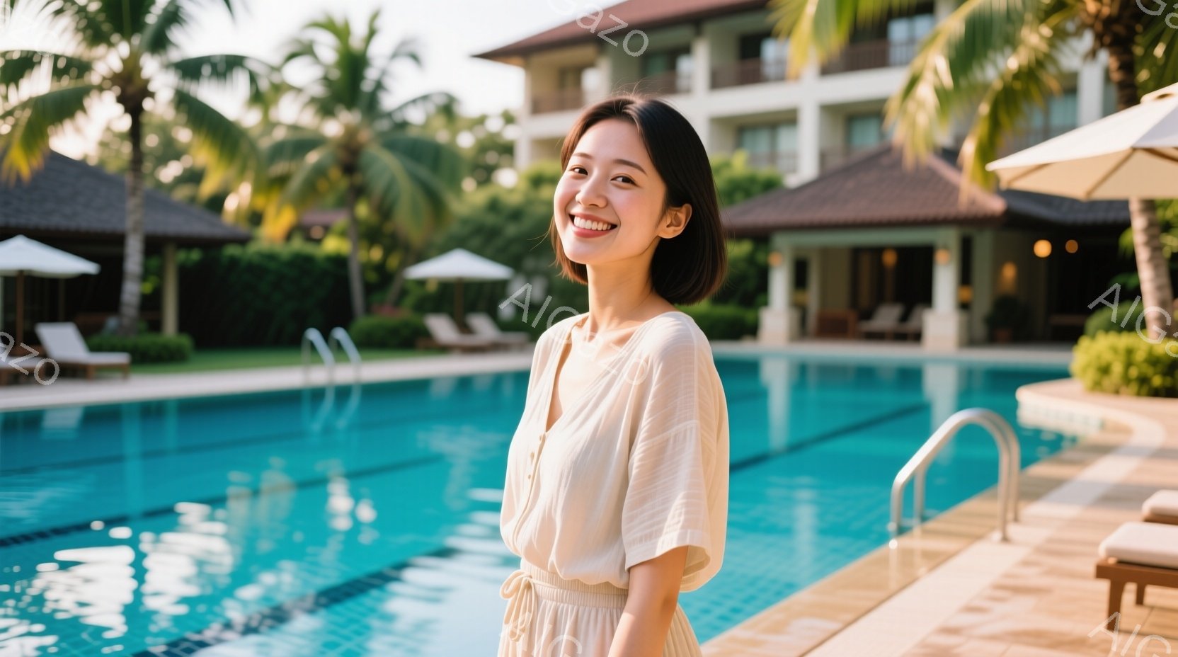 長い髪を肩のあたりでカットした女性が、明るいベージュ色のゆったりとしたワンピースを着て、穏やかな笑顔を浮かべています。彼女はプールサイドに立ち、リラックスした姿勢でカメラの方を向いています。背景には青いプール、緑豊かな芝生、そして瓦屋根の建物が見え、晴れた日の穏やかなリゾート地の雰囲気が漂っています。