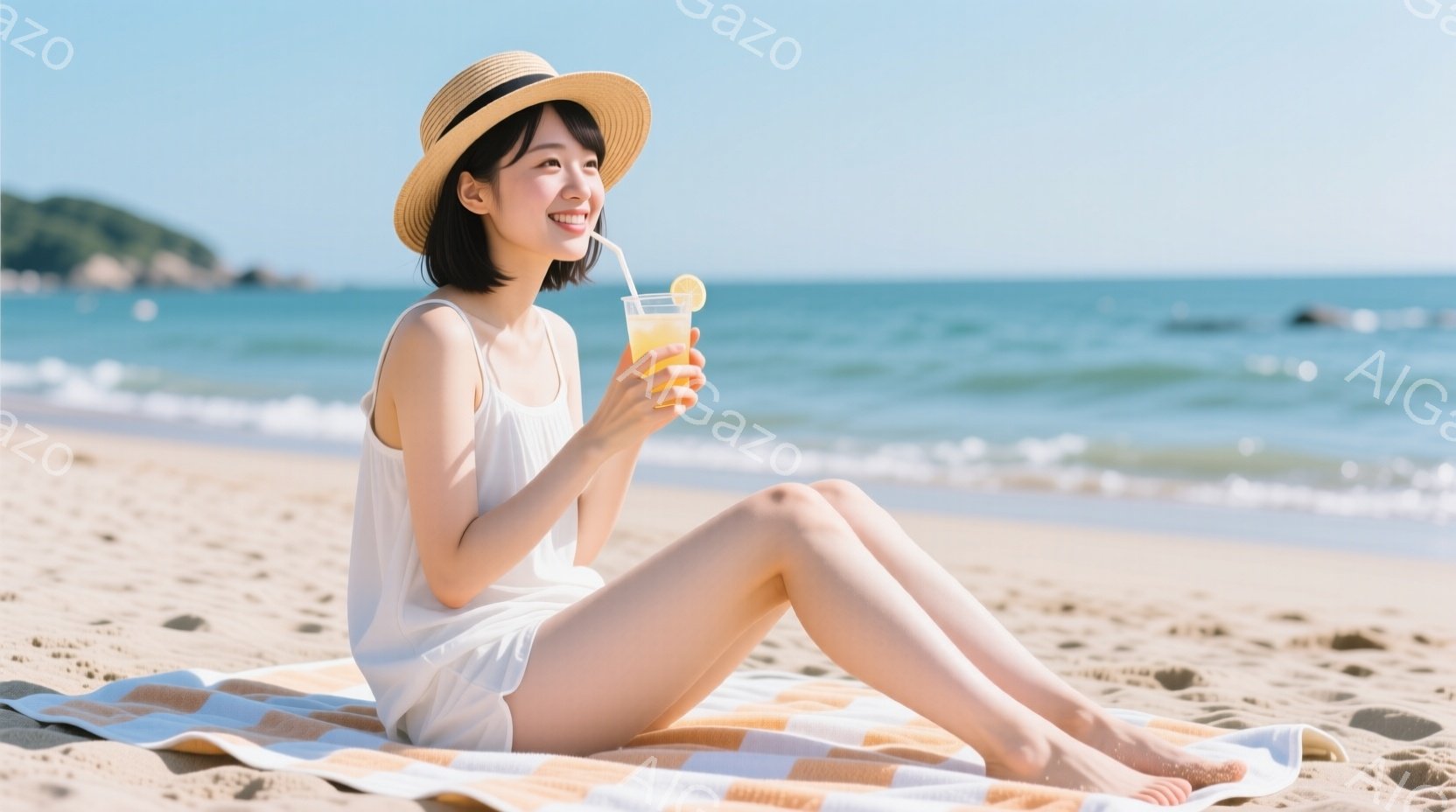 明るい日差しの中、女性が砂浜に座ってオレンジジュースを飲んでいる。白いワンピースと麦わら帽子を身につけ、足は砂浜の上に裸足で、リラックスした表情をしている。背景には穏やかな海と青空が広がり、夏の穏やかな雰囲気が漂っている。