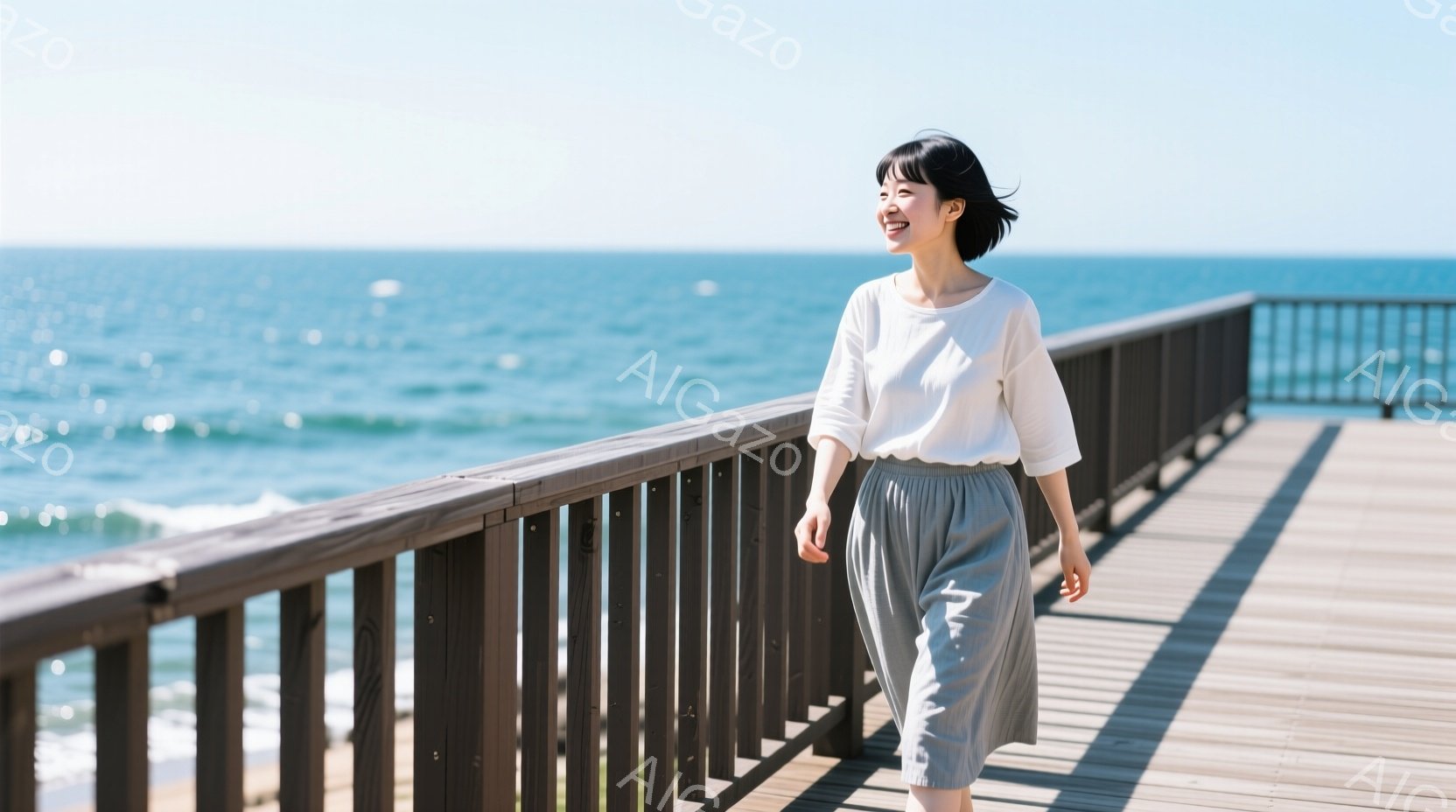 画像には、桟橋の上を歩く女性が写っています。彼女は白い長袖シャツと灰色のスカートを着用し、短い黒髪をしています。背景には、穏やかな波が打ち寄せる青い海が広がり、晴れた空が広がっています。