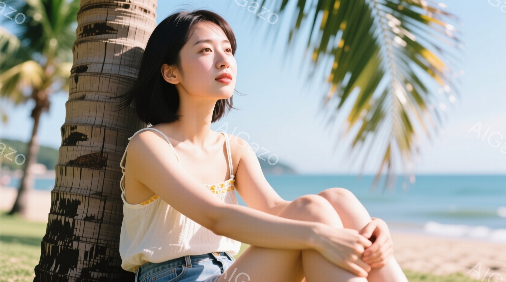 若い女性が砂浜でヤシの木のそばに座り、膝を抱えています。白いブラウスとデニムのショートパンツを身につけ、肩まで伸びたダークブラウンの髪は無造作に肩にかかっています。背景には青い海と緑豊かな草地が広がり、晴れた日の穏やかなビーチの雰囲気が漂います。
