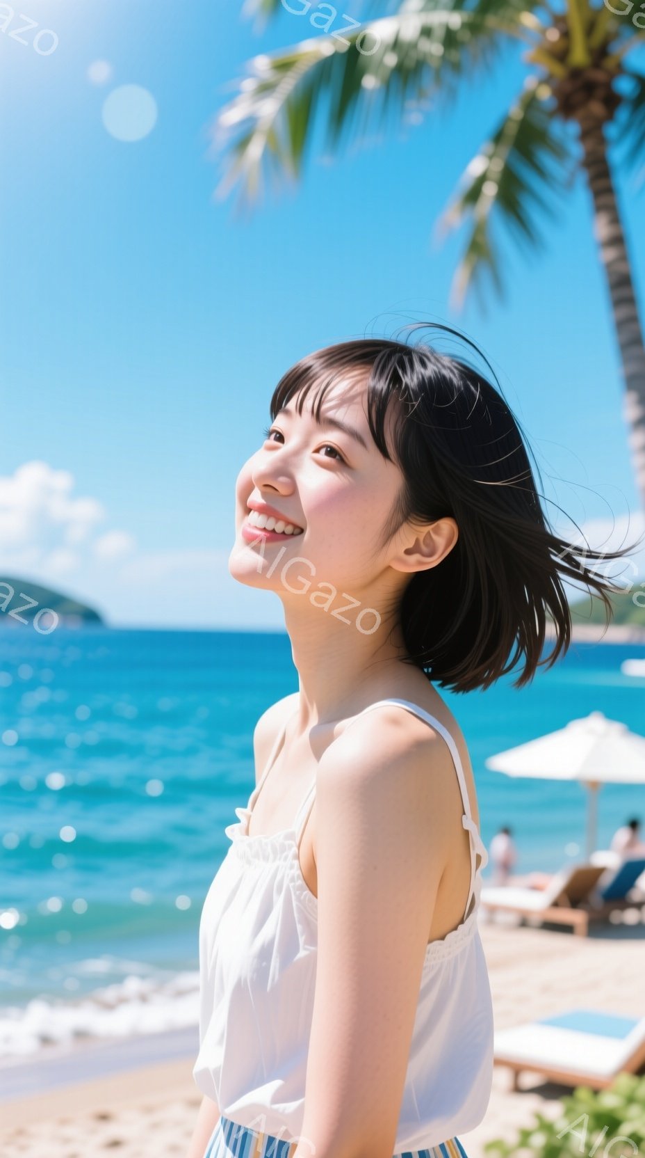 茶髪の短いヘアスタイルの女性が、白いノースリーブのトップスとストライプのスカートを着て、砂浜で太陽を見上げています。彼女は微笑んでおり、表情は明るく、リラックスしています。背景には青い海、白い砂浜、そしてパラソルとビーチチェアが見え、晴天で穏やかな夏の日の雰囲気が漂っています。