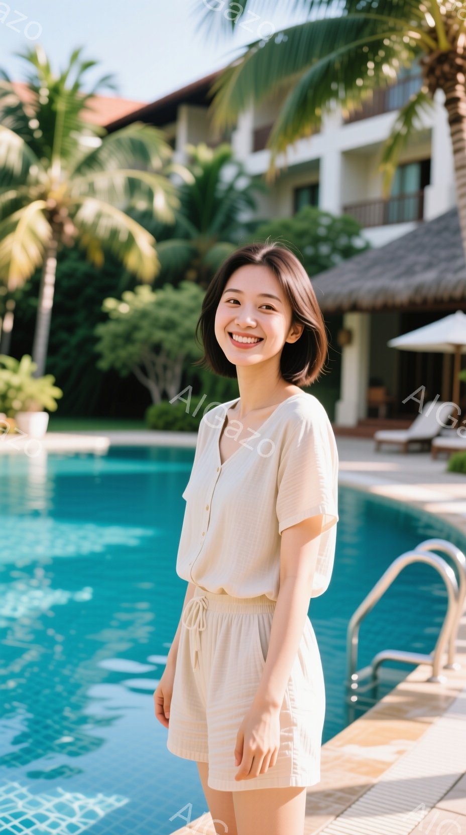 画像には、明るいクリーム色のショートパンツスーツを着た若い女性が写っています。彼女は微笑んでおり、軽く腰に手を当てて立っています。背景には青いプール、白いラウンジチェア、そして熱帯の植物と建物があり、晴れた日のリゾート地の穏やかな雰囲気を醸し出しています。