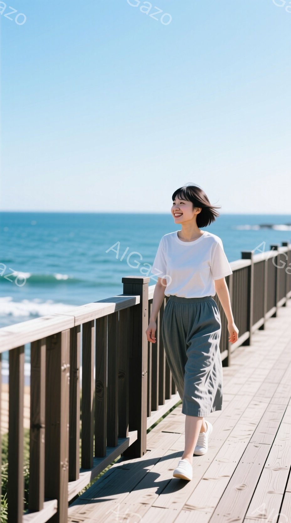 白いTシャツにオリーブ色のゆったりとしたパンツを着用した若い女性が、木製のデッキの上を歩いています。彼女は微笑んでおり、髪は短く、風になびいています。背景には青い海と穏やかな波が広がり、晴れた空が広がっています。