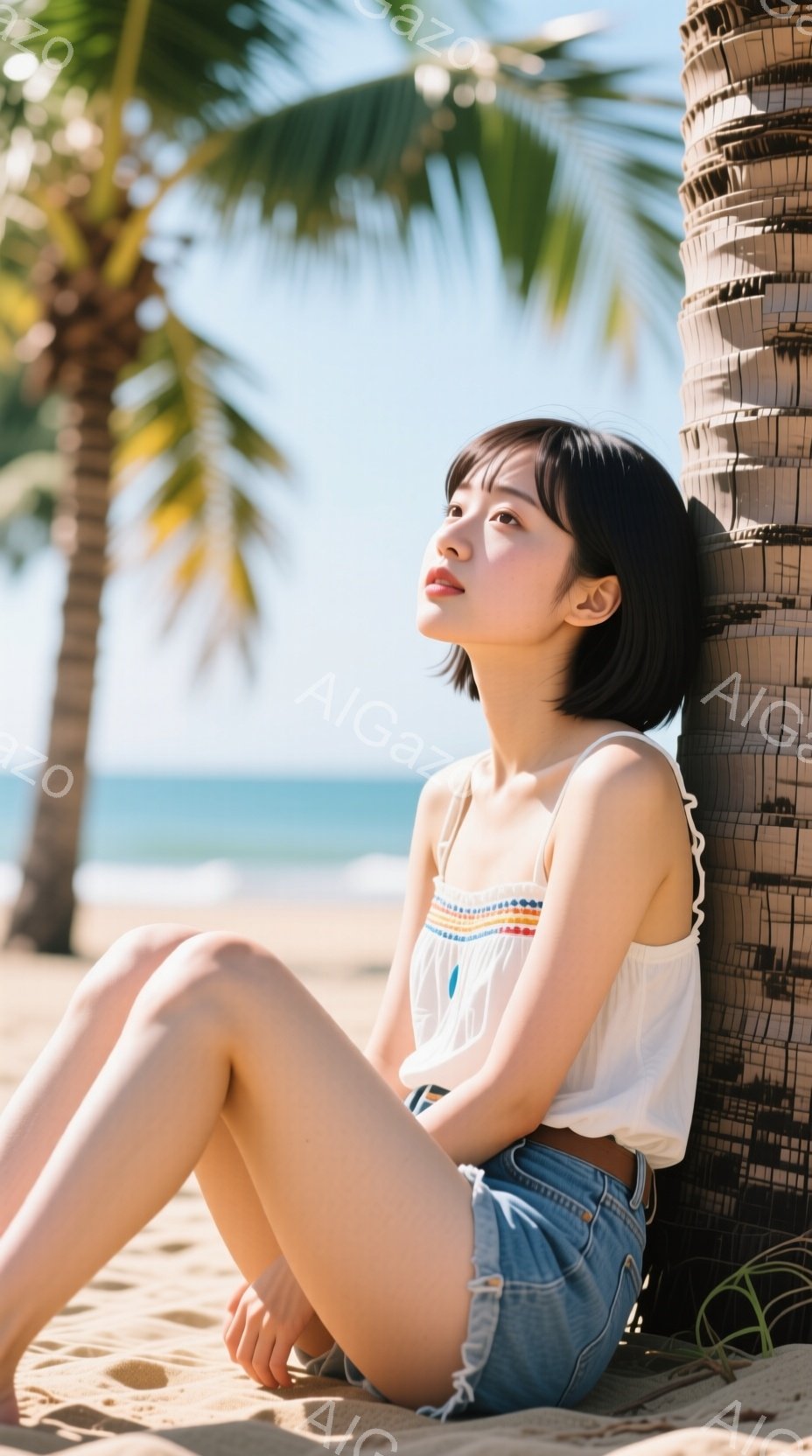 短い黒髪の女性が砂浜に座っており、白い刺繍入りトップスとデニムのショートパンツを着用しています。彼女は少し顔を上げ、遠くを見つめており、リラックスした穏やかな表情をしています。背景には青い空とヤシの木が見え、暖かい晴れた日のビーチの雰囲気を醸し出しています。