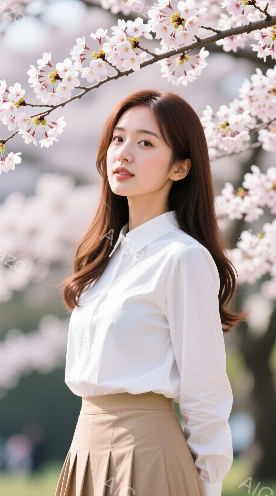 長い茶色の髪を肩まで伸ばした女性が、白いブラウスとベージュのプリーツスカートを身に着けて立っています。彼女は正面を向き、穏やかな微笑みを浮かべています。背景には桜の木が咲き誇り、春の穏やかな雰囲気を醸し出しています。