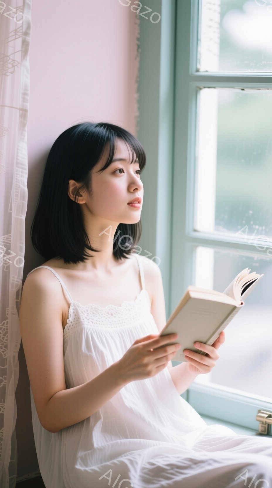 黒髪で前髪を短くした女性が、白いキャミソールワンピースを着て窓辺で本を読んでいる。彼女は穏やかな表情で、少し上を見つめ、リラックスした姿勢で座っている。背景には緑豊かな木々が見え、柔らかい光が差し込み、全体的に穏やかで優しい雰囲気である。