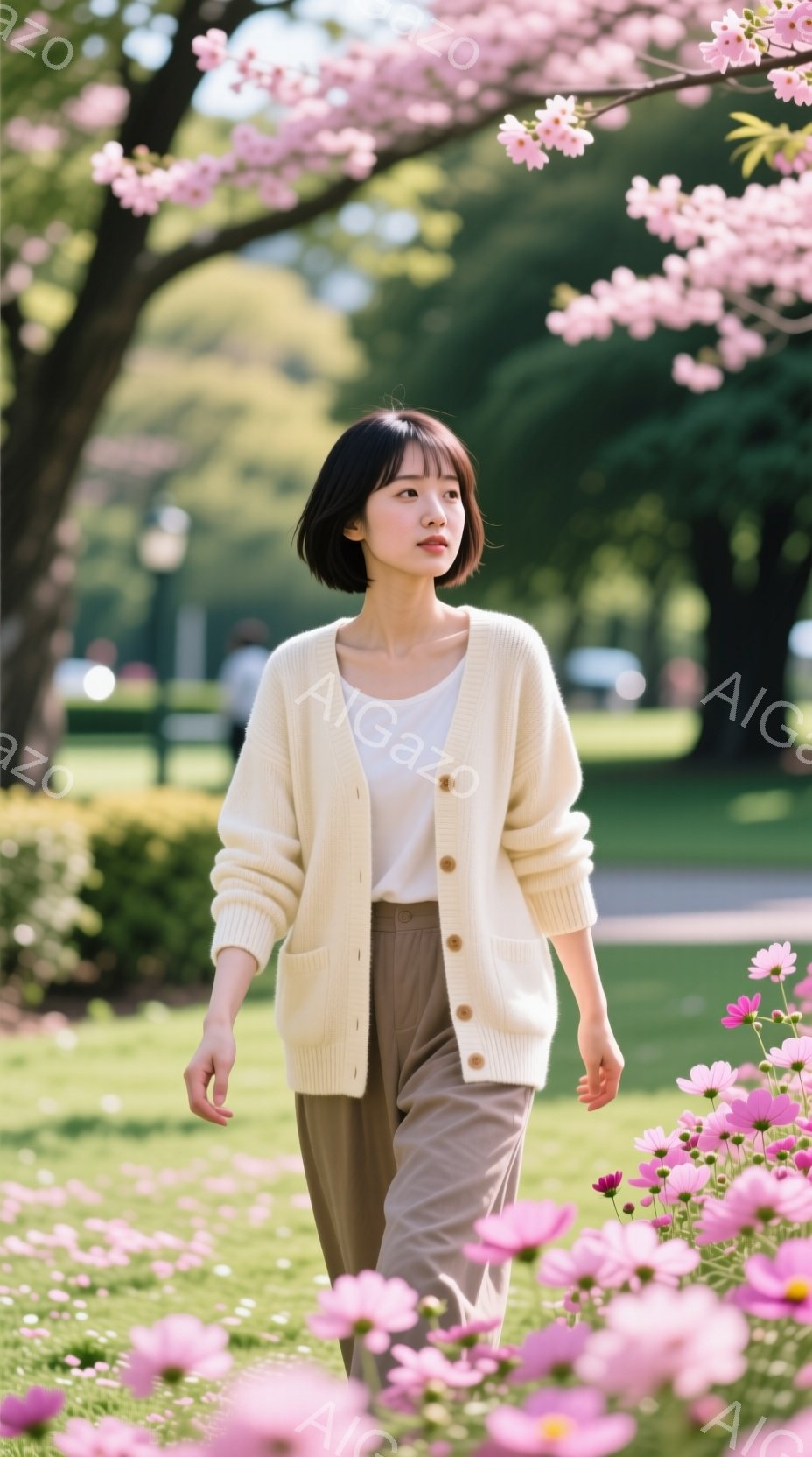 画像には、薄いクリーム色のカーディガンを着た若い女性が写っています。彼女はダークブラウンの短いヘアスタイルで、少し微笑んだ表情をしています。背景には緑の芝生とピンクの花が咲き乱れ、ぼやけた木々が見え、春の穏やかな日差しを感じさせる、優しく明るい雰囲気です。