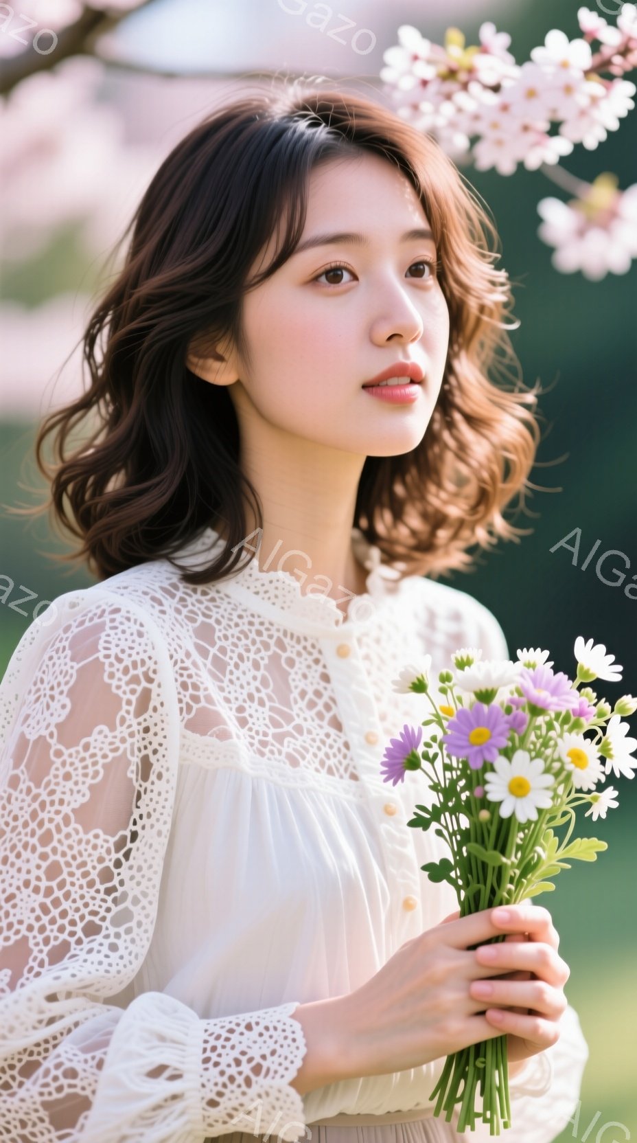 白いレースのブラウスを着た若い女性が、ピンクと白の小さな花束を抱えています。彼女は少し微笑んでおり、髪は肩までの中長で、ゆるやかなウェーブがかかっています。背景にはぼやけた桜の木があり、春の穏やかで明るい雰囲気が漂っています。