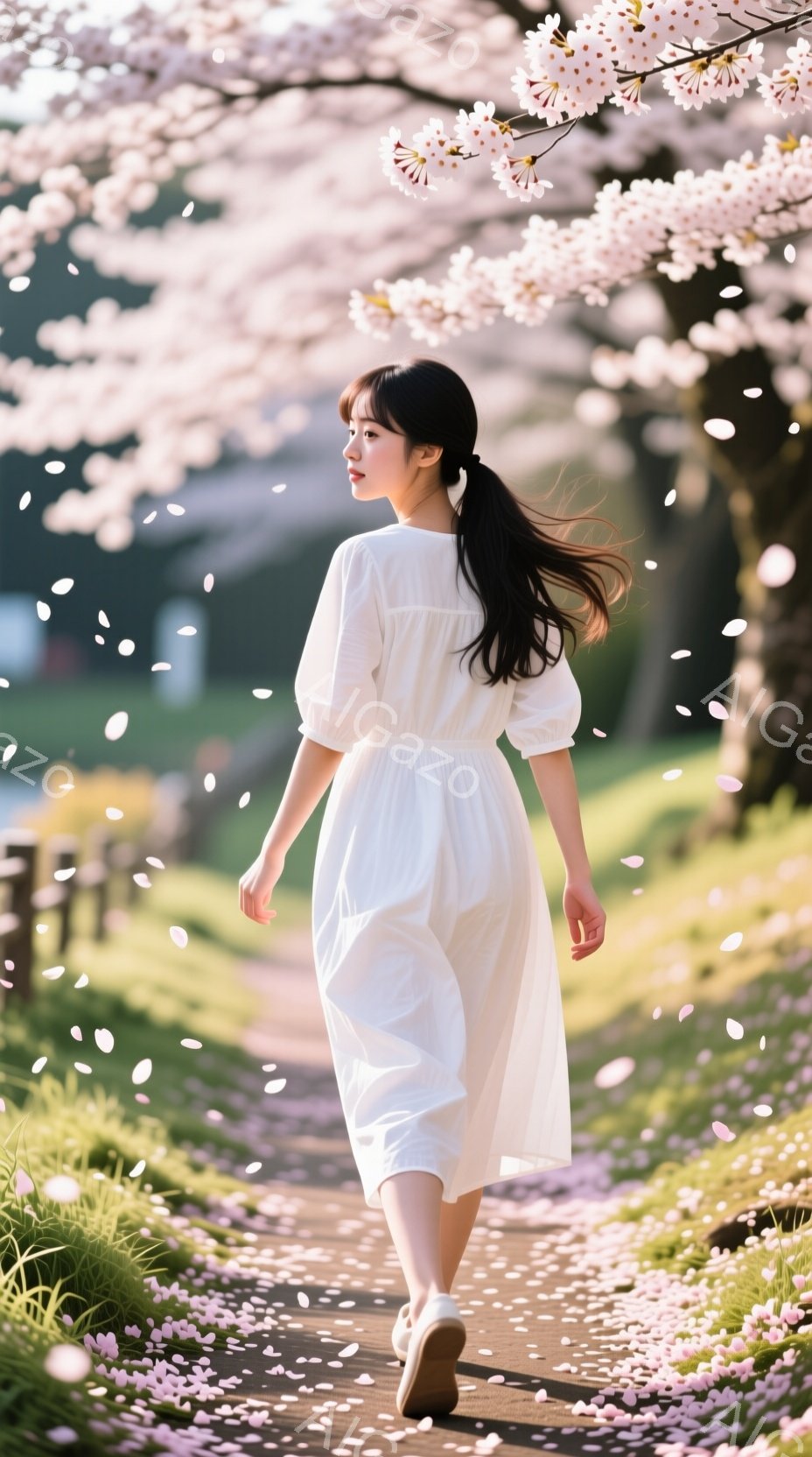 長い黒髪を後ろで一つに結んだ女性が、桜並木の道を歩いている。白いワンピースを着て、白いスニーカーを履いており、春の暖かな日差しの中で、リラックスした様子で桜吹雪の中を歩いている。背景には緑の芝生と桜の木々が広がり、穏やかで詩的な雰囲気を醸し出している。