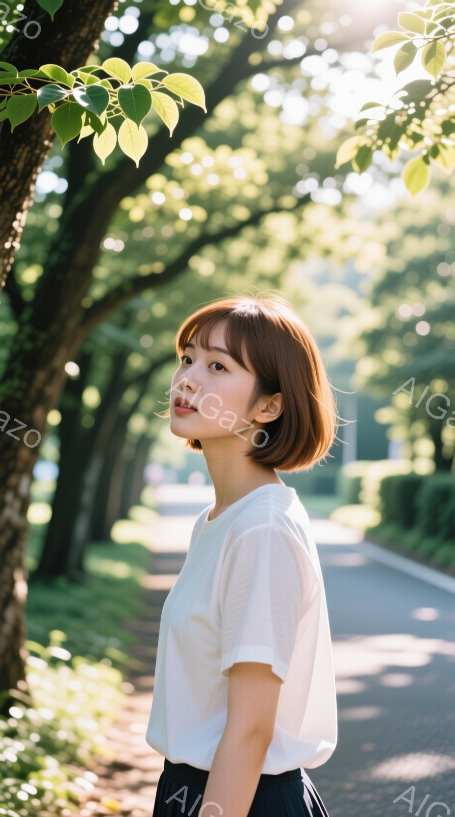 短い茶色の髪で、前髪が眉毛にかかる女性が写っています。白いブラウスと紺色のスカートを着ており、少し上目遣いで微笑んでいます。背景には緑豊かな木々が並び、道が続いており、穏やかで優しい雰囲気です。