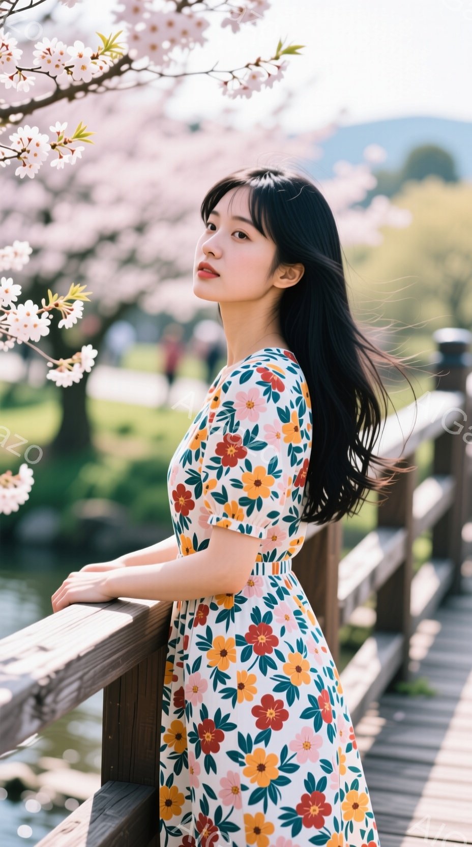 長い黒髪の女性が、花柄のワンピースを着て木製の橋の欄干に寄りかかっています。彼女は少し上を見つめ、穏やかな表情を浮かべており、背景には桜の花が咲き誇り、春の穏やかな雰囲気が漂っています。橋の下には水面が見え、暖かく柔らかな光が全体を包み込んでいます。