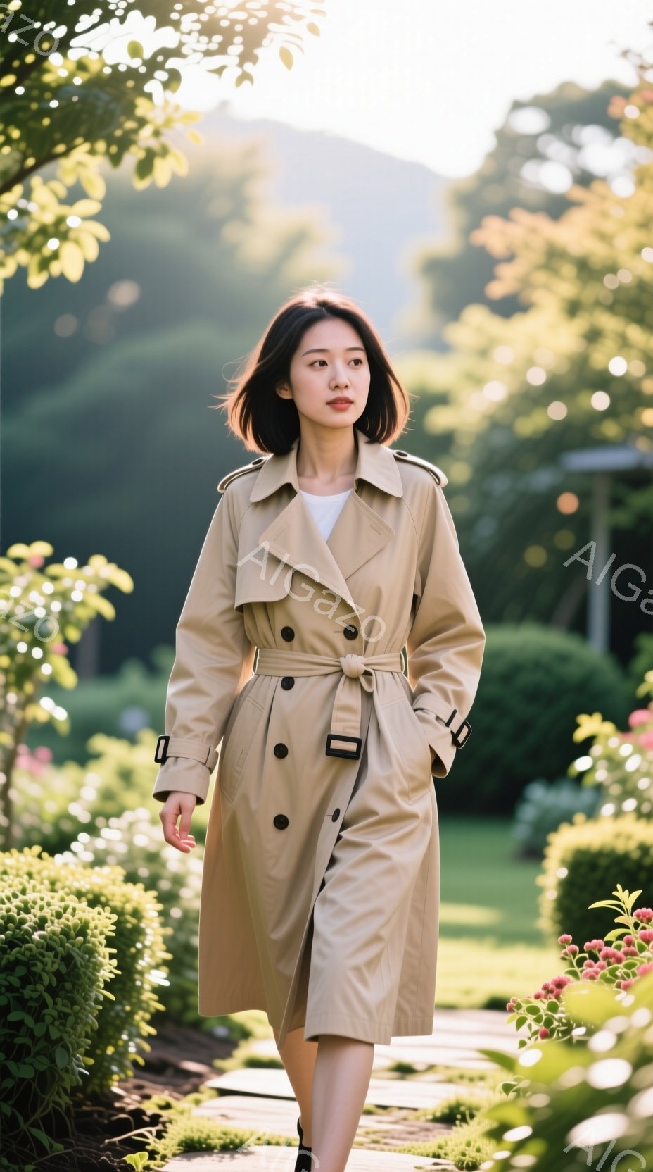 ベージュ色のトレンチコートを着た若い女性が、庭の小道を歩いている。彼女はダークカラーのタイツと靴を履き、ショートヘアで、わずかに微笑んでいるように見える。背景には緑豊かな木々や花々が広がり、日差しが差し込み、穏やかで洗練された雰囲気を醸し出している。