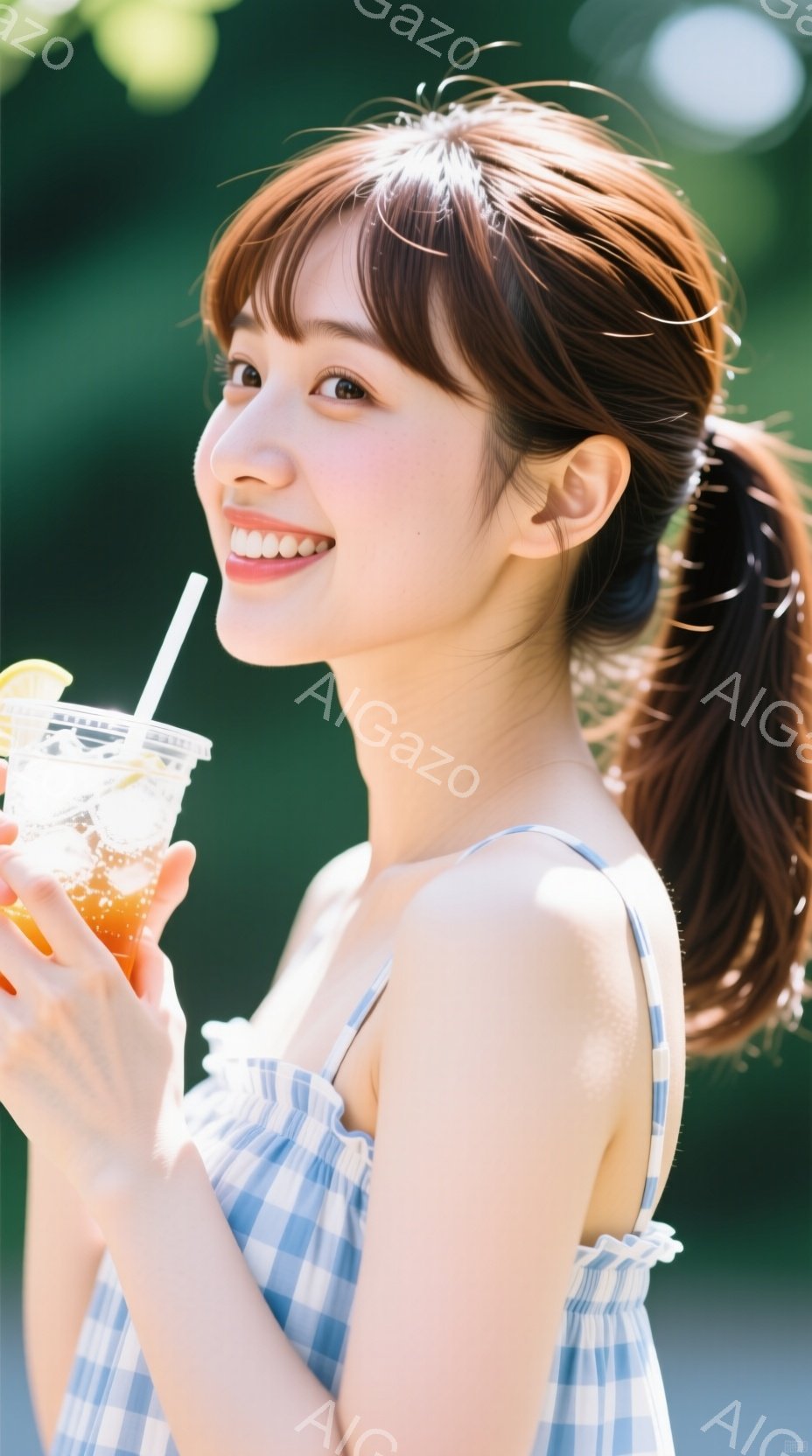 チェック柄のワンピースを着た若い女性が、一杯の冷たい飲み物を手に持っています。彼女は髪をポニーテールにしており、顔には明るい笑顔が浮かんでいます。背景は緑豊かな自然で、晴天の下、爽やかな夏の雰囲気が漂っています。