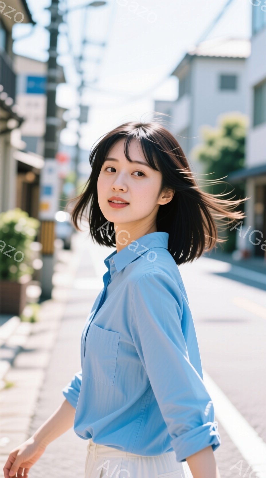 短い黒髪の女性が、水色のシャツと白いパンツを身につけて、石畳の道沿いを歩いている。彼女は少し振り返り、穏やかな微笑みを浮かべており、背景には日当たりの良い住宅街が広がっている。 全体的に、明るく爽やかな雰囲気が漂う日常の一コマを切り取った写真である。