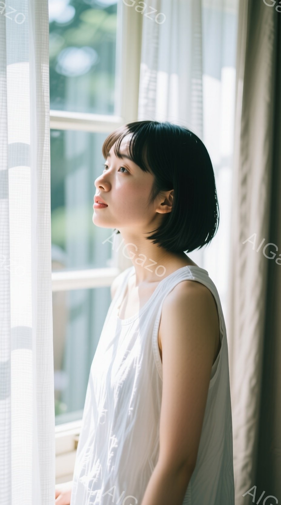 短い黒髪の女性が、白いノースリーブのワンピースを着て、窓辺に立っている。彼女は外を見つめ、少し微笑んでいるような、穏やかな表情を浮かべている。背景にはぼやけた緑が見え、柔らかい光が差し込み、静かで平和な雰囲気を醸し出している。