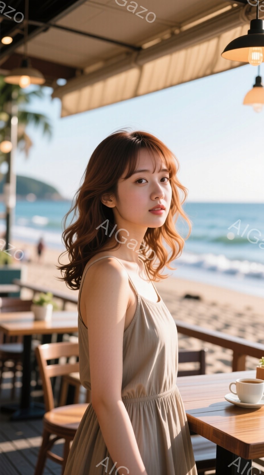明るい茶色の髪に前髪を作った若い女性が、ベージュ色のキャミソールワンピースを着て、少し微笑んでいます。彼女は屋外のカフェのテーブルの近くに立っており、背景には青い海と砂浜が見えます。日差しが暖かく、リラックスした穏やかな雰囲気です。