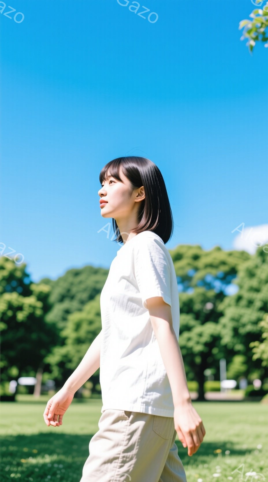 短い髪の女性が公園を歩いている様子が写っている。オフホワイトのTシャツとベージュのパンツを着用し、横顔で少し上を見ている。背景には緑豊かな木々と青空が広がり、晴れた日の穏やかな雰囲気が漂っている。
