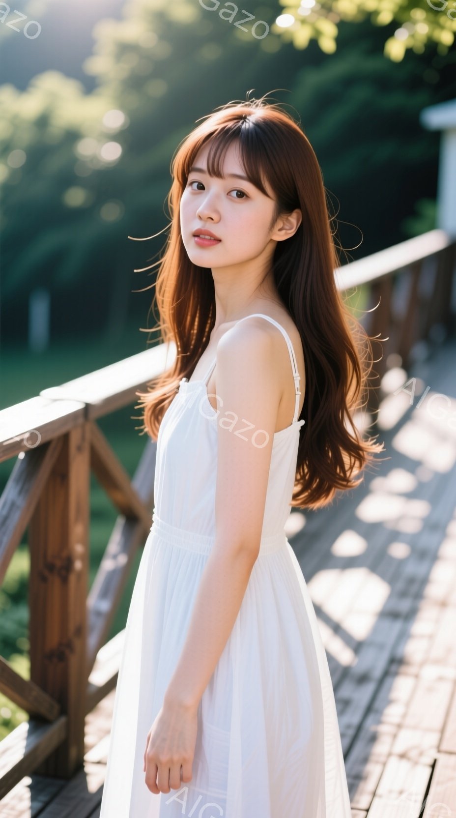 長い茶色の髪を肩にかける女性が、白いストラップレスのワンピースを着て、木製のデッキの上に立っている。彼女は少し微笑み、リラックスした姿勢でカメラを見ている。背景には緑豊かな植物が見え、柔らかな光が彼女 - AI生成フリー素材