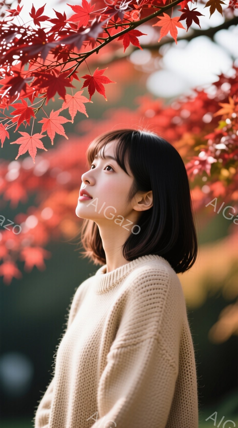 黒髪のショートボブヘアの女性が、ベージュ色のざっくりとしたニットセーターを着て、少し上を見つめています。背景には鮮やかな赤色の紅葉が広がり、自然の中で穏やかな雰囲気を醸し出しています。彼女の表情は静かで、どこか物思いにふけっているようです。