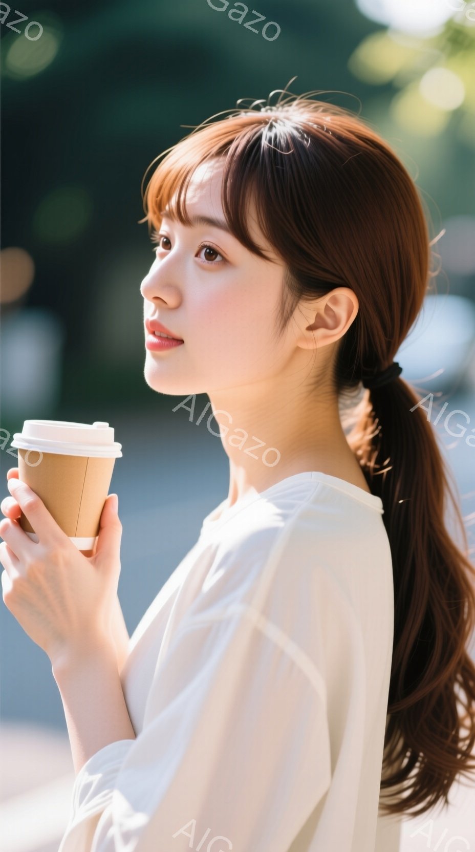 茶髪のロングヘアをハーフアップにした女性が、紙コップに入った飲み物を手に持っています。白いブラウスを着ており、少し上を見ている表情からは穏やかな雰囲気が伝わってきます。背景は緑豊かな木々や建物があり、晴れた日の穏やかな光が差し込んでいます。