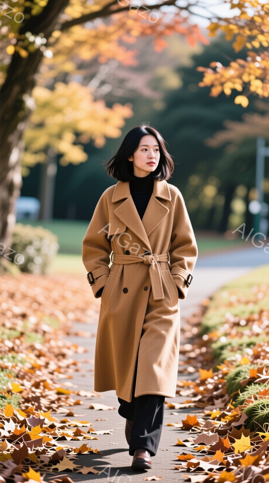 彼女はキャメル色のロングコートを羽織り、黒いパンツと茶色のブーツを履いている。短い黒髪はストレートで、表情は穏やかで少し前を見つめている。背景には紅葉した木々と、落ち葉が散らばる遊歩道があり、秋の穏やかな雰囲気が漂っている。