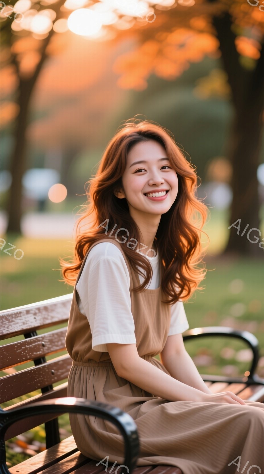 長い巻き毛の髪をした若い女性が、公園のベンチに座って微笑んでいます。ベージュ色のワンピースに白いTシャツを着ており、リラックスした雰囲気です。背景には緑豊かな木々と、夕日のような暖かい光が差し込んでおり、穏やかで心地よい雰囲気を醸し出しています。