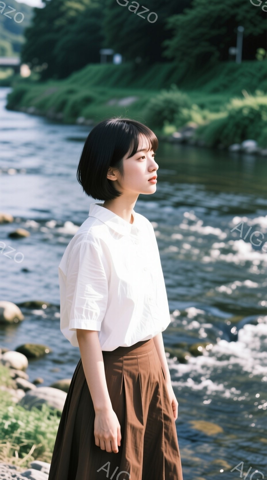 短い黒髪の女性が、白いブラウスと茶色のフレアスカートを身につけて、川沿いを歩いている。彼女は少し横を向いており、遠くを見つめる表情は穏やかで、リラックスした雰囲気を醸し出している。背景には緑豊かな植物と、流れの速い川が見え、晴れた日の自然の中での静かな一瞬を捉えている。