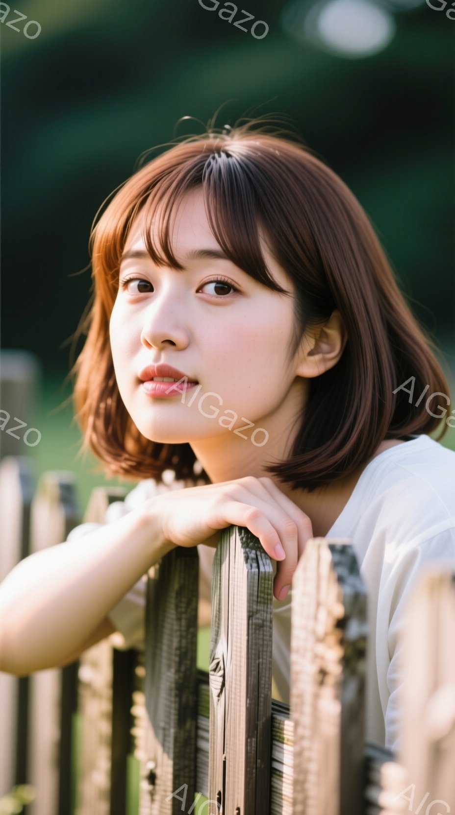 茶髪のショートヘアの女性が、木製の柵にもたれかかってこちらを見ています。白いシャツを着ており、穏やかで微笑みをたたえた表情をしています。背景には緑豊かな自然が広がり、柔らかい光が差し込んで、全体的に温かく、のどかな雰囲気を醸し出しています。