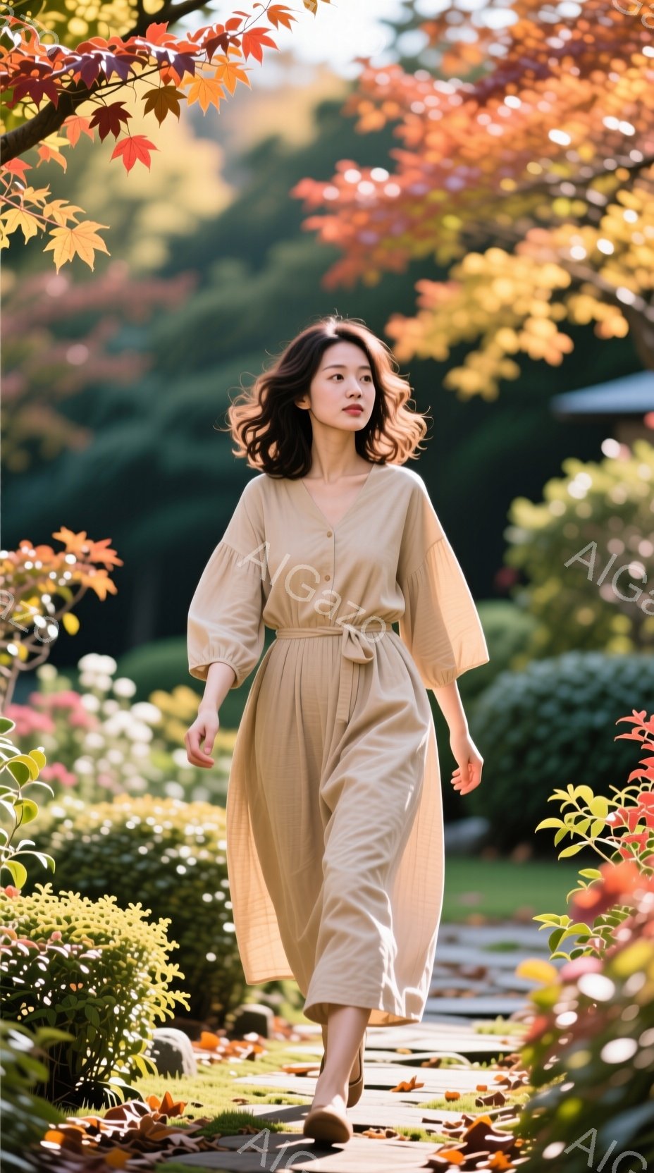 長いキャメルのワンピースを着た女性が、緑豊かな庭園の小道を歩いている。彼女は少し微笑んでおり、ゆるやかなカールがかかった髪が風になびいている。背景には、鮮やかな赤や黄色の紅葉が茂り、秋の穏やかな日差しが差し込んでいる。