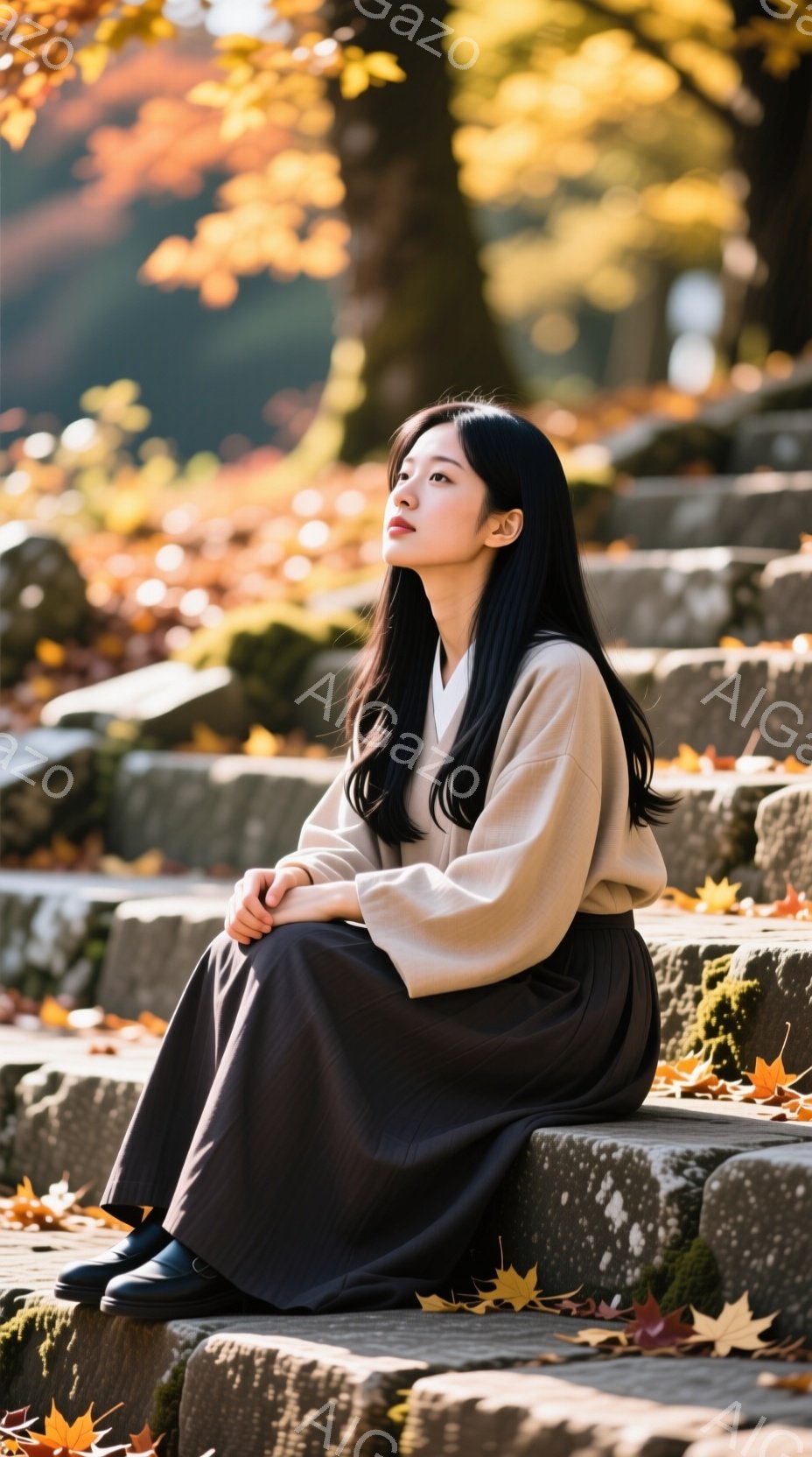 長い黒髪をセンターパートにした若い女性が、石段に座って少し上を見ている。ベージュのゆったりとしたトップスとプリーツの黒いスカートを着用し、黒い靴を履いている。背景には紅葉した木々が広がり、石段の周りには落ち葉が散らばり、秋の穏やかで物憂げな雰囲気を醸し出している。