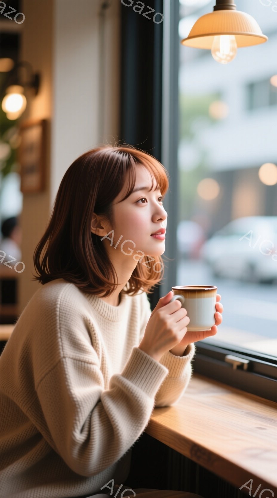明るい茶髪の女性が、窓際のテーブルで温かい飲み物を手に持っています。ベージュのゆったりとしたセーターを着ており、リラックスした表情で外を眺めています。窓の外には建物が見え、光が差し込み、穏やかで心地よい雰囲気が漂っています。