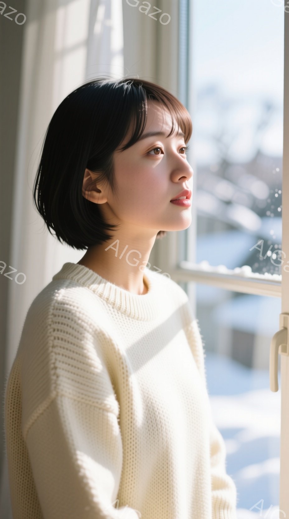 明るい光が差し込む窓辺で、短い前髪と肩までの長さの髪を持つ女性が外を眺めている。オフホワイトのざっくりとしたニットセーターを着ており、リラックスした雰囲気で、穏やかな表情をしている。背景には、雪景色が広がる建物群が見え、冬の静けさと暖かさを感じさせる光景である。