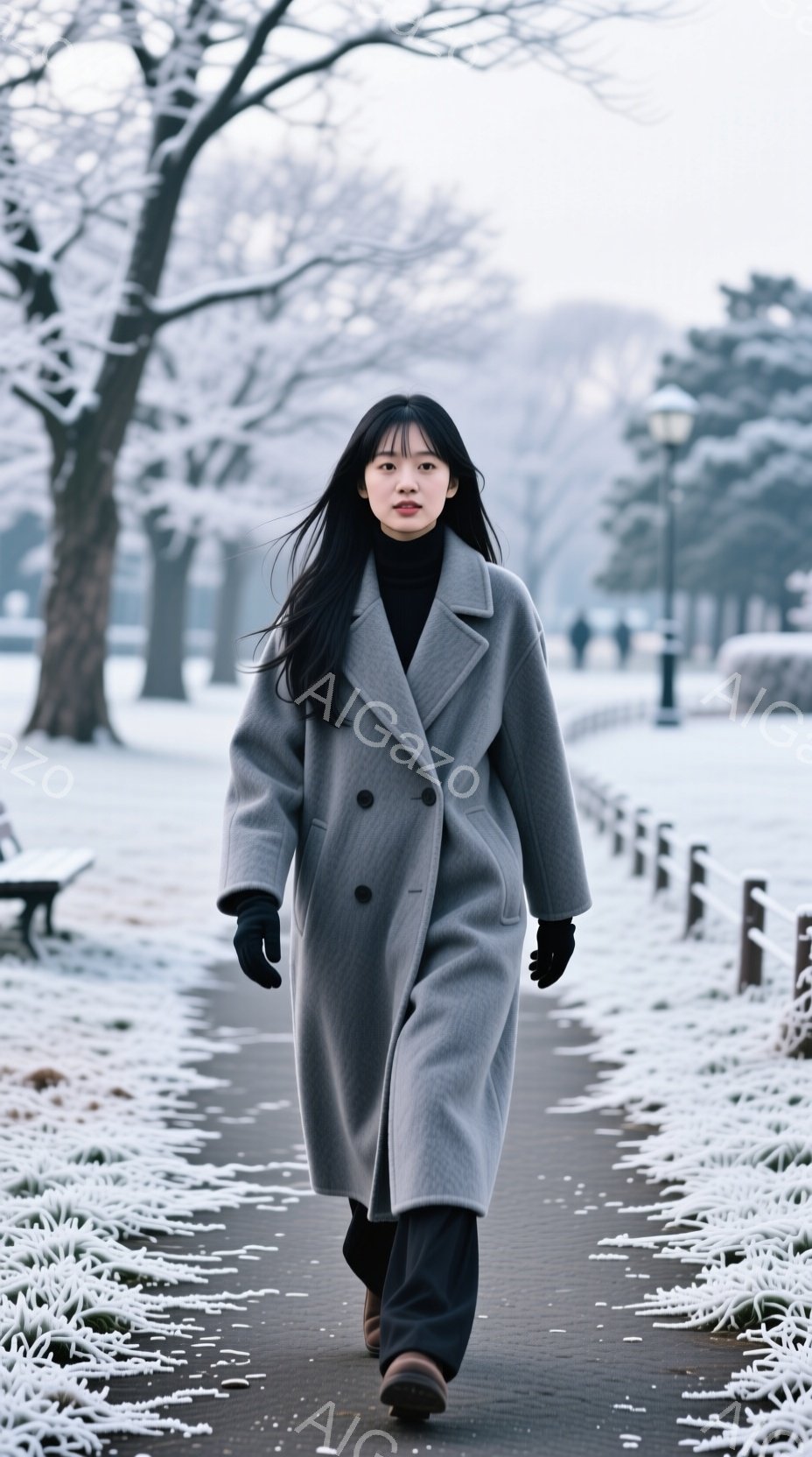 長い黒髪の女性が、グレーのオーバーコートと黒いパンツ姿で雪の降る道を歩いている。表情は落ち着いており、やや前方を見つめている。背景には雪で覆われた木々やフェンス、そしてぼんやりと見える建物があり、全体的に静かで冬らしい雰囲気を醸し出している。