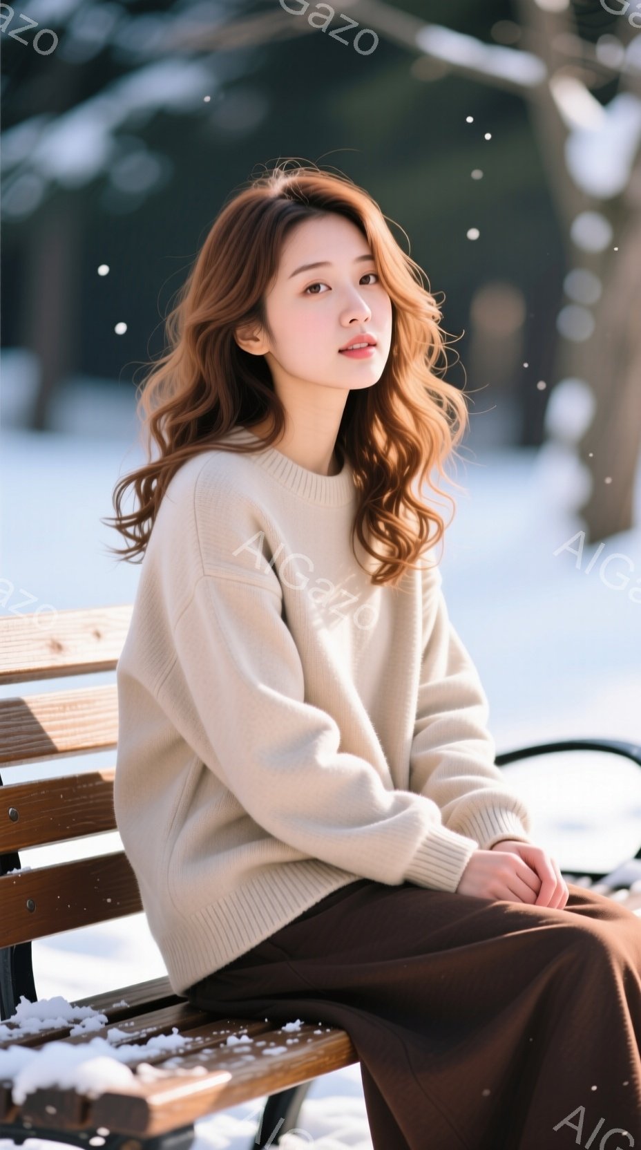 長い巻き毛の髪をした若い女性が、雪の降る公園のベンチに座っています。彼女はクリーム色のセーターと茶色のパンツを着用し、穏やかな表情を浮かべています。背景は雪景色で、木々がぼやけて見え、全体的に暖かく静かな雰囲気が漂っています。