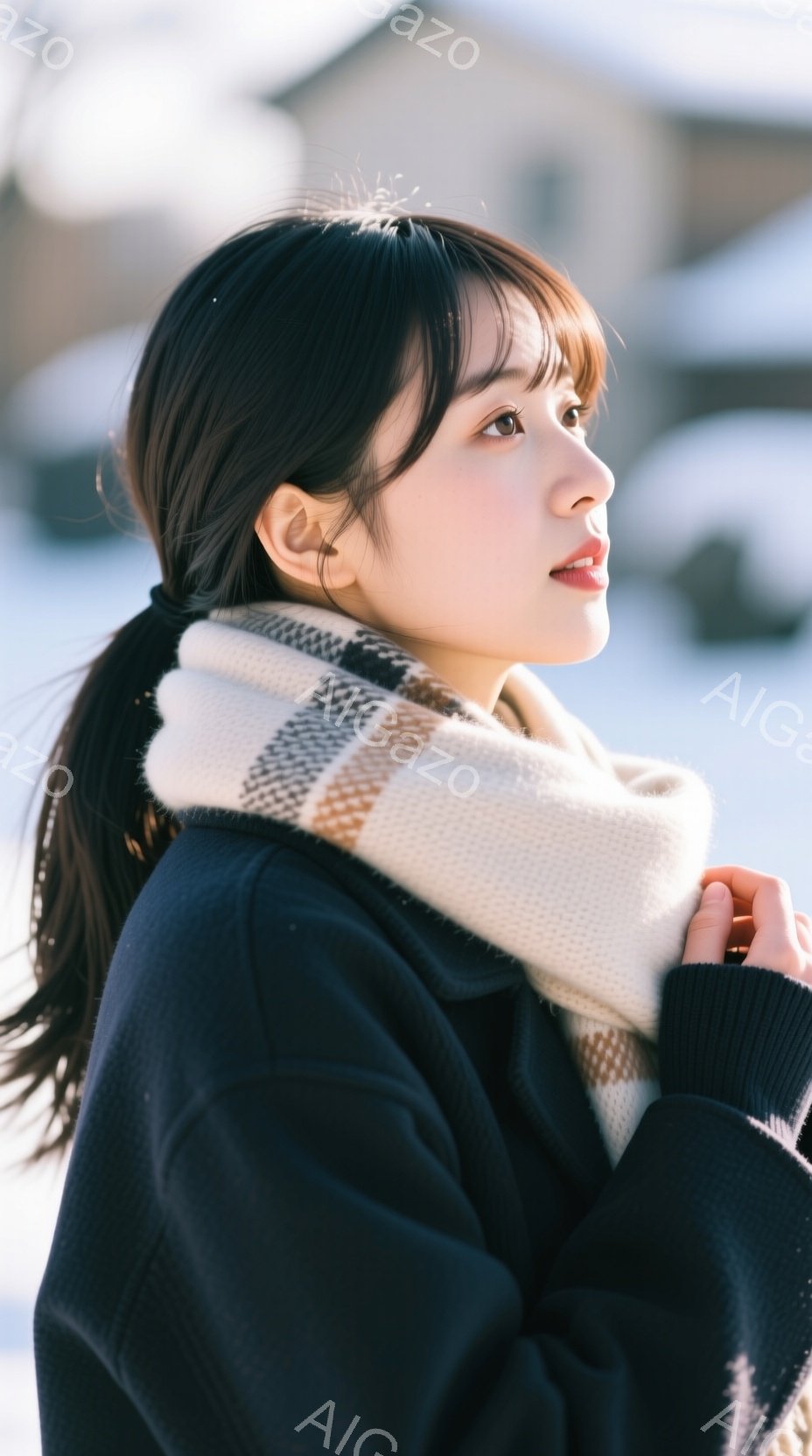 濃い色のコートに白い編み物のマフラーを巻いた女性が、少し上を見ている。髪は後ろで一つに結ばれており、表情は穏やかでどこか物憂げだ。背景にはぼやけた建物と、雪景色が広がっており、冬の静かな雰囲気を醸し出 - AI生成フリー素材