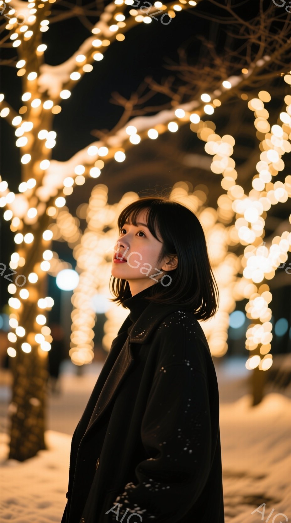 黒いコートを着た若い女性が、暖かい光に包まれた並木道で横を向いています。彼女はダークトーンのボブヘアで、少し微笑んだ表情を浮かべています。背景には、ぼやけた光の帯が並ぶ木々と、雪が積もった地面が広がっており、幻想的でロマンチックな雰囲気を醸し出しています。