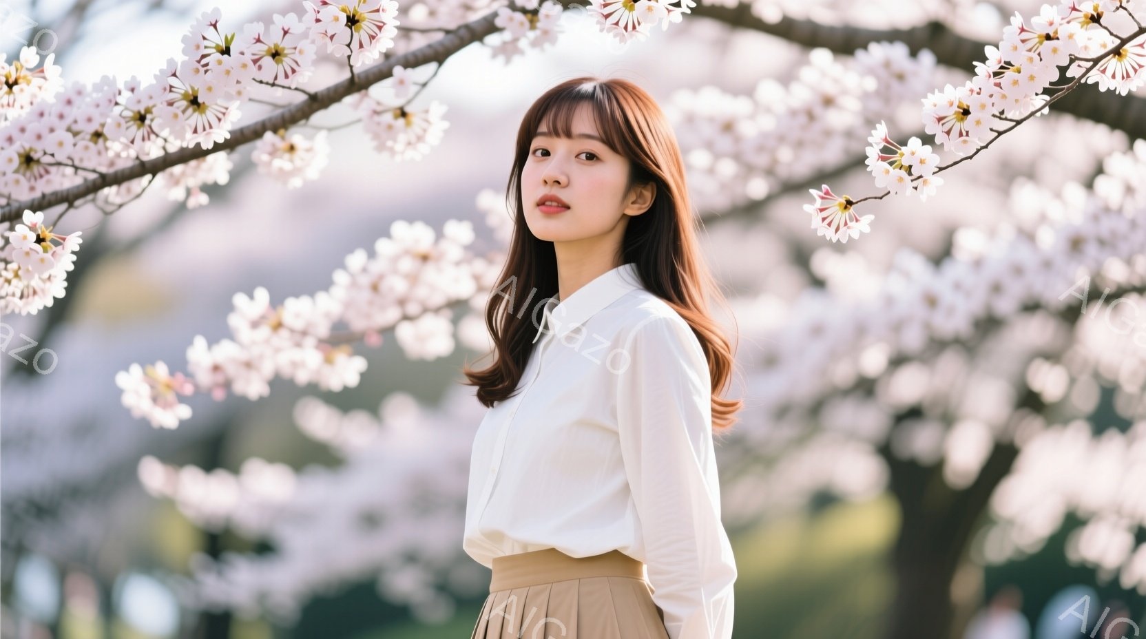 浅いピンク色の桜の花びらが咲き乱れる中、明るいベージュのスカートと白いシャツを着た若い女性が立っている。彼女は軽く微笑み、髪は肩にかかる長さで、自然なカールがかかっている。背景にはぼやけた建物が見え、全体的に柔らかく春らしい雰囲気が漂っている。