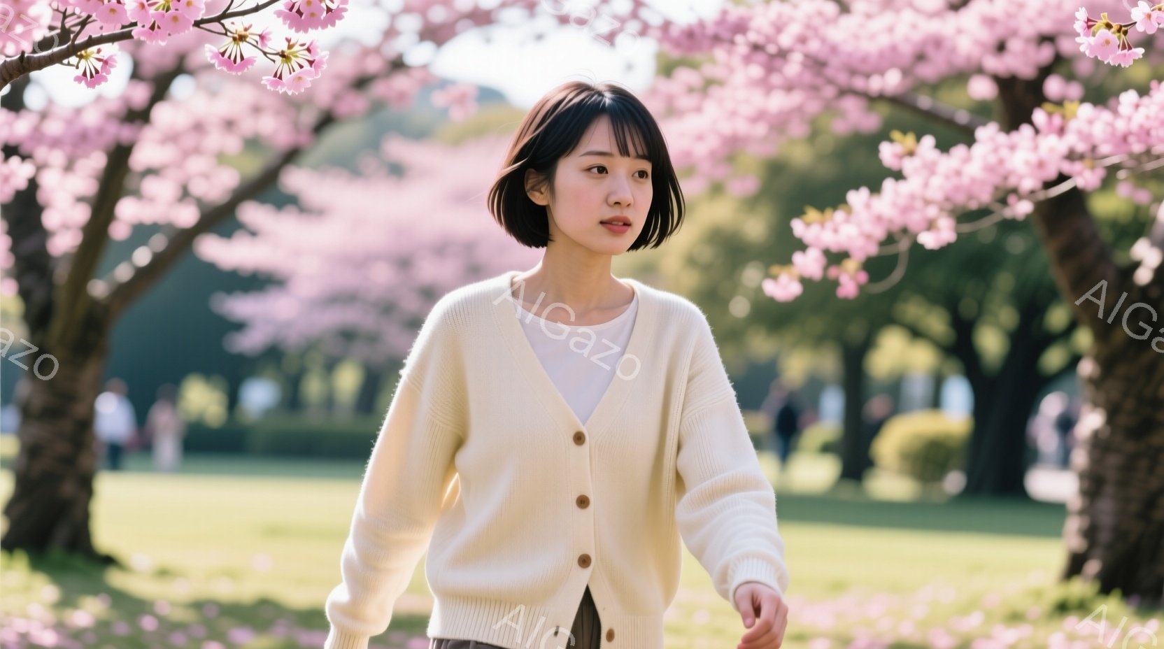 若い女性が、クリーム色のカーディガンを着て、短い黒髪で、少し横を向いて歩いている。背景には桜並木が咲き誇り、緑の芝生が広がる公園の穏やかな春の景色が広がっている。彼女は落ち着いた表情で、春の陽気を楽しんでいるように見える。